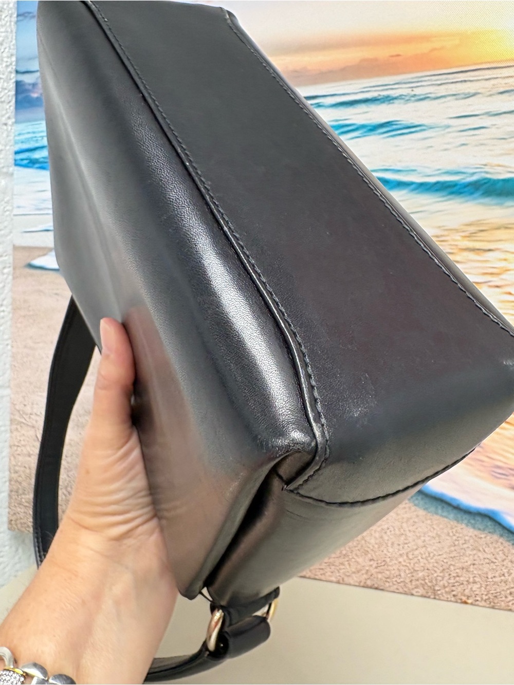 VTG Gucci Black Leather Accordion Top Handle Shoulder Bag 1970s Turnlock Boxy - Picture 6 of 16